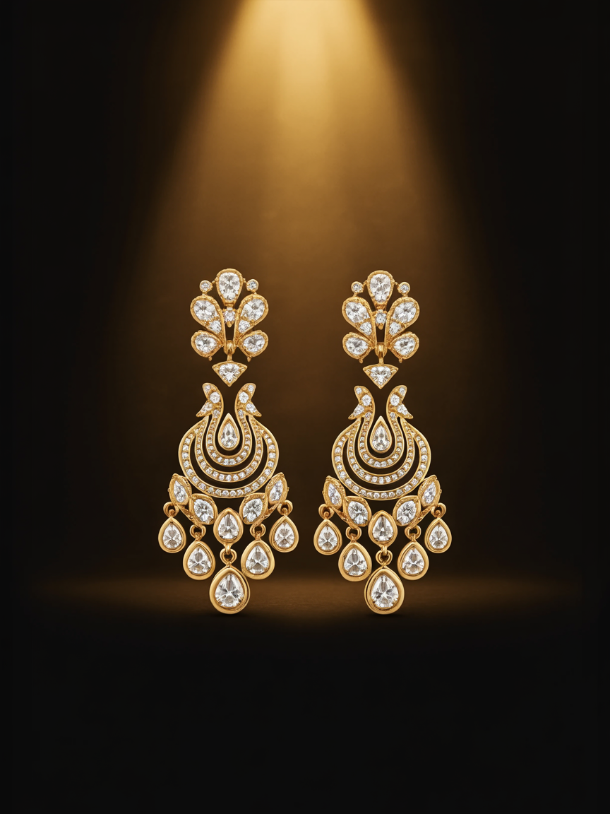 Gold chandelier earrings with gemstones