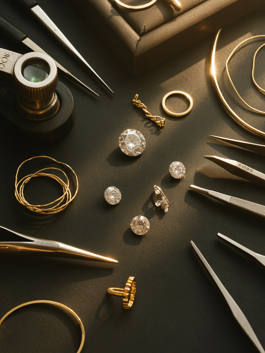 Jeweler workbench with diamonds, gold pieces and precision tools